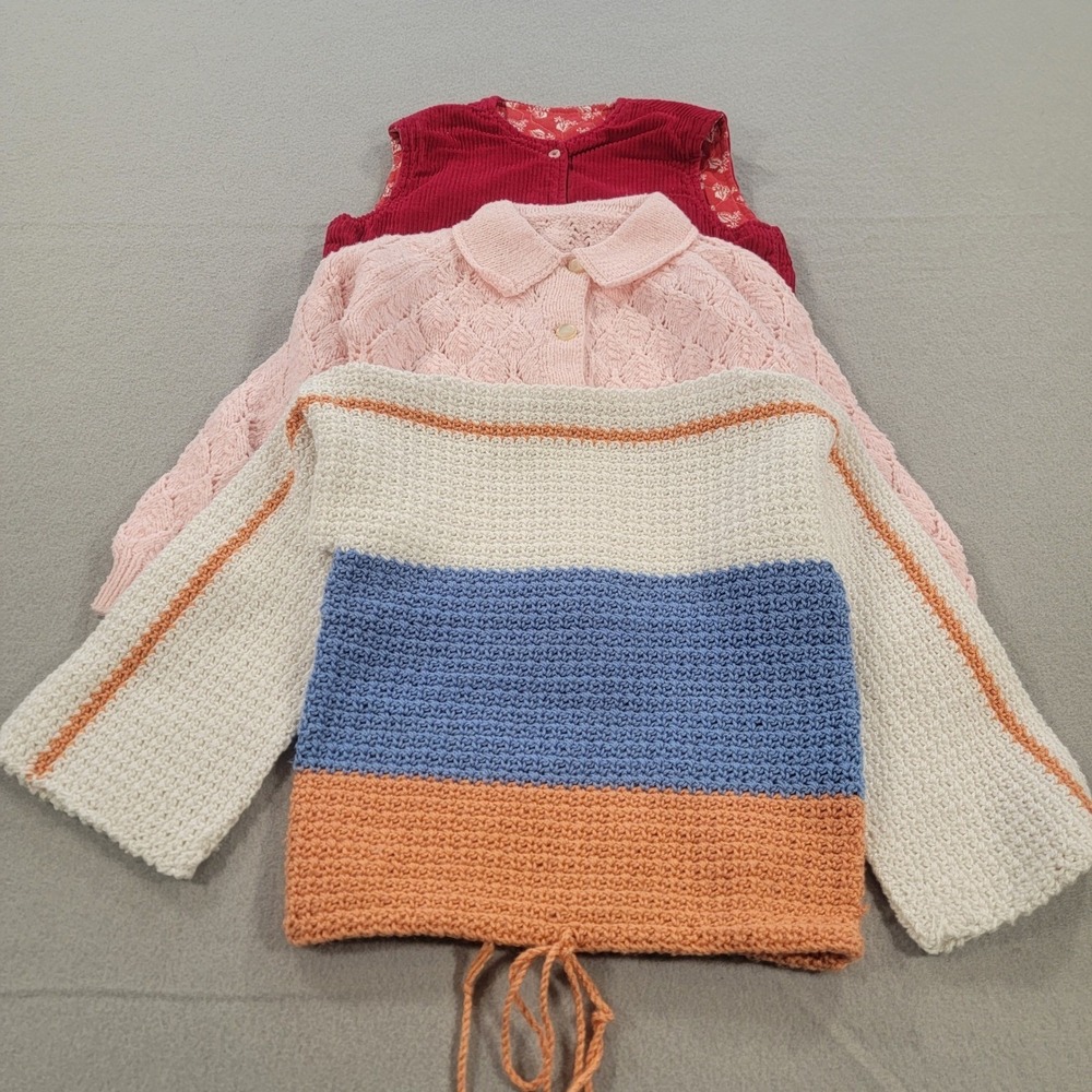 Vintage Girls Sweater & Vest Bundle Handmade Knit Crochet Cardigan Toddler 2T 3T